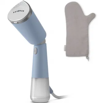 Aparat de calcat vertical portabil Philips STH5020/20 Seria 5000 , 1300W, debit de abur 24 g/min, rezervor de apa 120 ml, talpa metalica, cap reglabil pentru calcare verticala si orizontala, saculet depozitare/ manusa (2in1), albastru deschis