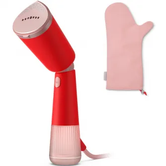 Aparat de calcat vertical portabil Philips STH5020/40 Seria 5000, 1300W, debit de abur 24 g/min, rezervor de apa 120 ml, talpa metalica, cap reglabil pentru calcare verticala si orizontala, saculet dezozitare/ manusa (2in1), culoare: corai