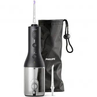 Aparat de curatare interdentara Philips Sonicare Power Flosser HX3826/33, tehnologie QuadStream, 2 capete de curatare, 2 moduri de curatare, 3 niveluri de intensitate, husa, Negru