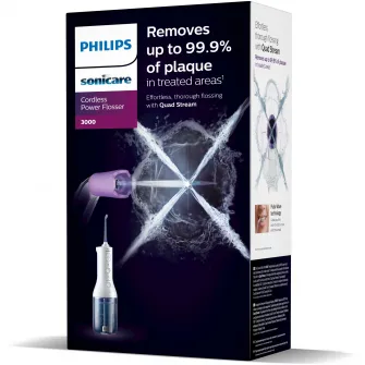 Aparat de curatare interdentara Philips Sonicare Power Flosser HX3826/31, tehnologie QuadStream, 2 capete de curatare, 2 moduri de curatare, 3 niveluri de intensitate, husa, Alb