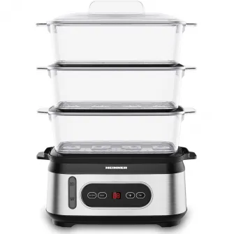 Aparat de gatit cu aburi Heinner HSA-D950SS, 800-950W, display LED, 9L, 1.5L, trei vase pentru gatire BPA free, temporizator 60 min, indicator luminos, protectie impotriva functionarii fara apa, cablu alimentare, insertii inox, negru/argintiu