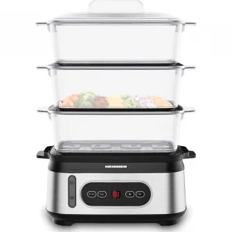 Aparat de gatit cu aburi Heinner HSA-D950SS, 800-950W, display LED, 9L, 1.5L, trei vase pentru gatire BPA free, temporizator 60 min, indicator luminos, protectie impotriva functionarii fara apa, cablu alimentare, insertii inox, negru/argintiu