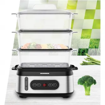 Aparat de gatit cu aburi Heinner HSA-D950SS, 800-950W, display LED, 9L, 1.5L, trei vase pentru gatire BPA free, temporizator 60 min, indicator luminos, protectie impotriva functionarii fara apa, cablu alimentare, insertii inox, negru/argintiu