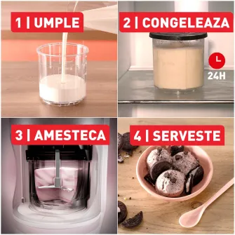Aparat de inghetata Tefal Dolci IG602AE0, 10 programe, capacitate 3 x 0.46L, recipiente din tritan, tehnologia unica 1-Step Perfector, program curatare automata, program Auto Mix-In, crem & negru