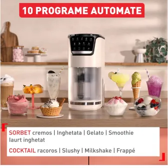 Aparat de inghetata Tefal Dolci IG602AE0, 10 programe, capacitate 3 x 0.46L, recipiente din tritan, tehnologia unica 1-Step Perfector, program curatare automata, program Auto Mix-In, crem & negru