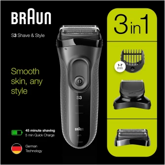 Aparat de ras electric Braun Series 3 3000BT ProSkin Wet&Dry, MicroComb, cap de tuns, 5 piepteni, Saculet de calatorie, Negru