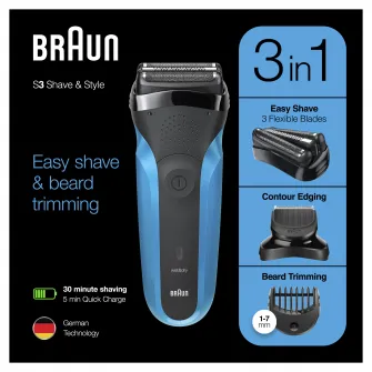Электробритва Braun Series 3 310BT ProSkin Wet&Dry, MicroComb, триммерная головка, 5 гребней, черный/синий