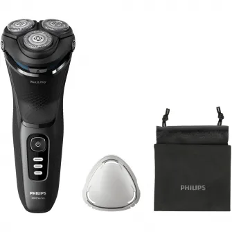 Aparat de ras Philips Shaver Seria 3000 S3244/12, barbierit umed şi uscat, fara fir, capete 5D pivotante si flexibile, lame autoascutire, 60 min, sistem de barbierire anticoroziune, capac de protectie, Negru