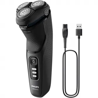 Aparat de ras Philips Shaver Seria 3000 S3244/12, barbierit umed şi uscat, fara fir, capete 5D pivotante si flexibile, lame autoascutire, 60 min, sistem de barbierire anticoroziune, capac de protectie, Negru