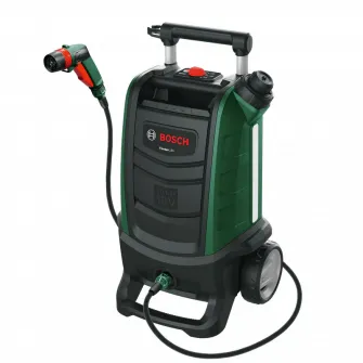 Aparat de spalat cu presiune pe acumulator Bosch 06008B6102, 18 V, 20 bar presiune maxima, 15 l rezervor, 4 m lungime furtun, filtru apa, pistol de stropit, SmartBrush, fara acumulator/incarcator