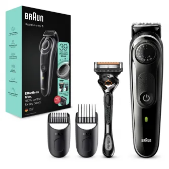 Aparat de tuns barba Braun Beard Trimmer BT3342, WetDry, buton rotativ de precizie, 39 de setari pentru lungime, 2 piepteni, Aparat de ras Gillette, Negru