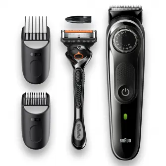 Aparat de tuns barba Braun Beard Trimmer BT3342, WetDry, buton rotativ de precizie, 39 de setari pentru lungime, 2 piepteni, Aparat de ras Gillette, Negru