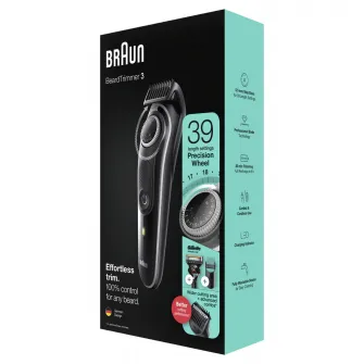 Aparat de tuns barba Braun Beard Trimmer BT3342, WetDry, buton rotativ de precizie, 39 de setari pentru lungime, 2 piepteni, Aparat de ras Gillette, Negru
