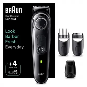 Aparat de tuns barba Braun Beard Trimmer BT3440, WetDry, buton rotativ de precizie, 40 de setari pentru lungime, 1 mini-aparat de ras, 2 piepteni de precizie, autonomie 80 minute, Negru/Gri
