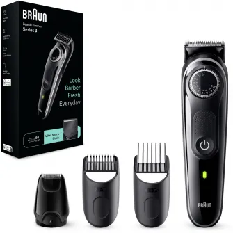 Aparat de tuns barba Braun Beard Trimmer BT3440, WetDry, buton rotativ de precizie, 40 de setari pentru lungime, 1 mini-aparat de ras, 2 piepteni de precizie, autonomie 80 minute, Negru/Gri