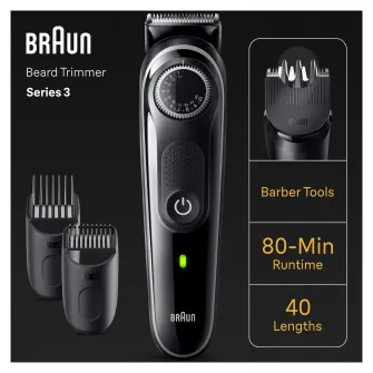 Aparat de tuns barba Braun Beard Trimmer BT3440, WetDry, buton rotativ de precizie, 40 de setari pentru lungime, 1 mini-aparat de ras, 2 piepteni de precizie, autonomie 80 minute, Negru/Gri