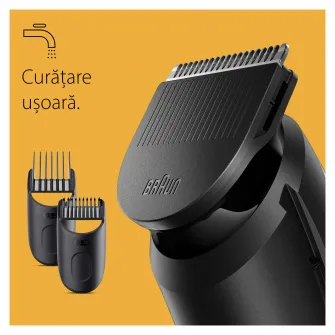Aparat de tuns barba Braun Beard Trimmer BT3440, WetDry, buton rotativ de precizie, 40 de setari pentru lungime, 1 mini-aparat de ras, 2 piepteni de precizie, autonomie 80 minute, Negru/Gri