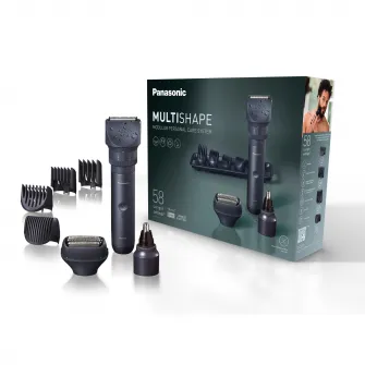 Aparat de tuns barba si parul Panasonic MultiSHAPE XSHAPE PACK 1, cap aparat de ras umed/uscat cu 3lame, cap trimmer nas/urechi/fata, acumulator Li-Ion cu autonomie 70min, quick charge 1H, cap tundere cu 58 de setări de lungime, Negru