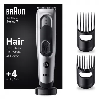 Aparat de tuns electric Braun Series 7 HC7390, Memory Safety Lock, 17 setari de lungime, 2 piepteni, Suport de incarcare, autonomie 50 minute, Negru/Argintiu