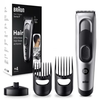 Aparat de tuns electric Braun Series 7 HC7390, Memory Safety Lock, 17 setari de lungime, 2 piepteni, Suport de incarcare, autonomie 50 minute, Negru/Argintiu