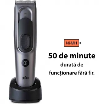 Aparat de tuns electric Braun Series 7 HC7390, Memory Safety Lock, 17 setari de lungime, 2 piepteni, Suport de incarcare, autonomie 50 minute, Negru/Argintiu