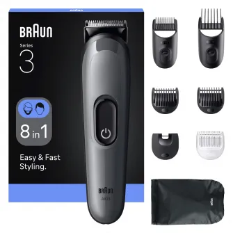 Aparat de tuns multifunctional Braun All-in-One Seria 3 AIO3540, 8-in-1, Lama ultra ascutita, 6 Piepteni, 1 Perie de curatare, 1 Saculet, 14 Setari de lungime , Autonomie 50 minute, Gri argintiu lucios