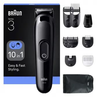 Aparat de tuns multifunctional Braun All-in-One Seria 3 AIO3560, 10-in-1, Lama ultra ascutita, 7 Piepteni, 1 Mini Cap de ras, 1 Cap de tuns sprancene, 1 Perie de curatare, 1 Saculet, 14 Setari de lungime, Autonomie 50 minute, Negru