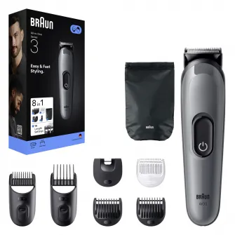 Aparat de tuns multifunctional Braun All-in-One Seria 3 AIO3540, 8-in-1, Lama ultra ascutita, 6 Piepteni, 1 Perie de curatare, 1 Saculet, 14 Setari de lungime , Autonomie 50 minute, Gri argintiu lucios