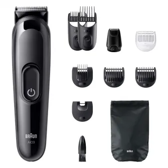 Aparat de tuns multifunctional Braun All-in-One Seria 3 AIO3560, 10-in-1, Lama ultra ascutita, 7 Piepteni, 1 Mini Cap de ras, 1 Cap de tuns sprancene, 1 Perie de curatare, 1 Saculet, 14 Setari de lungime, Autonomie 50 minute, Negru