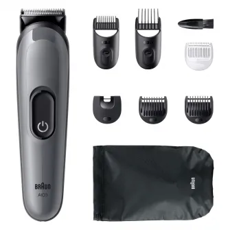 Aparat de tuns multifunctional Braun All-in-One Seria 3 AIO3540, 8-in-1, Lama ultra ascutita, 6 Piepteni, 1 Perie de curatare, 1 Saculet, 14 Setari de lungime , Autonomie 50 minute, Gri argintiu lucios