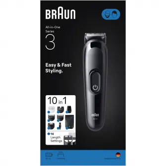 Aparat de tuns multifunctional Braun All-in-One Seria 3 AIO3560, 10-in-1, Lama ultra ascutita, 7 Piepteni, 1 Mini Cap de ras, 1 Cap de tuns sprancene, 1 Perie de curatare, 1 Saculet, 14 Setari de lungime, Autonomie 50 minute, Negru