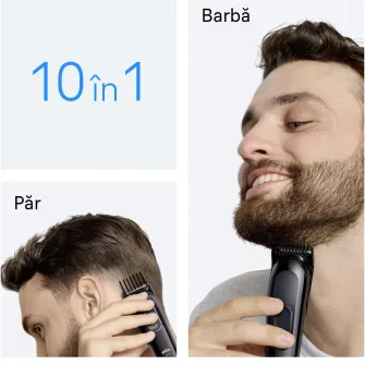 Aparat de tuns multifunctional Braun All-in-One Seria 3 AIO3560, 10-in-1, Lama ultra ascutita, 7 Piepteni, 1 Mini Cap de ras, 1 Cap de tuns sprancene, 1 Perie de curatare, 1 Saculet, 14 Setari de lungime, Autonomie 50 minute, Negru