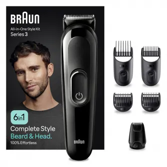 Aparat de tuns multifunctional Braun MGK3410, WetDry, 6-in-1, 4 piepteni, 1 mini aparat de ras, autonomie 50 minute, Negru