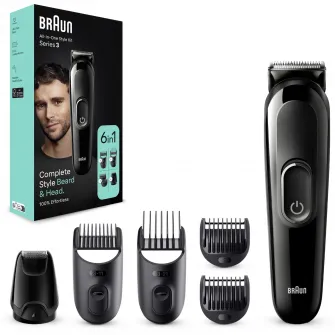 Aparat de tuns multifunctional Braun MGK3410, WetDry, 6-in-1, 4 piepteni, 1 mini aparat de ras, autonomie 50 minute, Negru