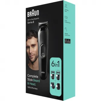 Aparat de tuns multifunctional Braun MGK3410, WetDry, 6-in-1, 4 piepteni, 1 mini aparat de ras, autonomie 50 minute, Negru