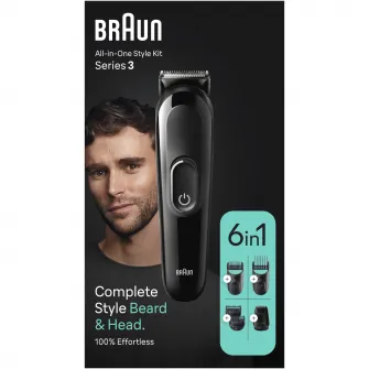 Aparat de tuns multifunctional Braun MGK3410, WetDry, 6-in-1, 4 piepteni, 1 mini aparat de ras, autonomie 50 minute, Negru