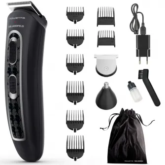 Aparat de tuns parul si barba Rowenta x Karl Lagerfeld Trim & Style 12 in 1 TN911LF0, autonomie 120 min, capat pentru barba cu 2 piepteni, capat pentru par cu 6 piepteni, accesoriu nas&urechi, 6500 rpm, kit curatare&intretinere, husa, negru/rosu