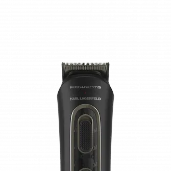 Aparat de tuns parul si barba Rowenta x Karl Lagerfeld Trim & Style 12 in 1 TN911LF0, autonomie 120 min, capat pentru barba cu 2 piepteni, capat pentru par cu 6 piepteni, accesoriu nas&urechi, 6500 rpm, kit curatare&intretinere, husa, negru/rosu