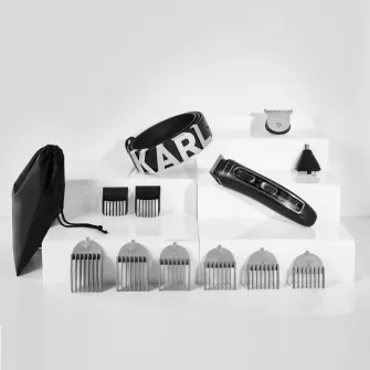 Aparat de tuns parul si barba Rowenta x Karl Lagerfeld Trim & Style 12 in 1 TN911LF0, autonomie 120 min, capat pentru barba cu 2 piepteni, capat pentru par cu 6 piepteni, accesoriu nas&urechi, 6500 rpm, kit curatare&intretinere, husa, negru/rosu