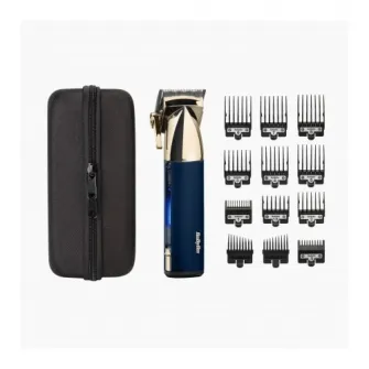 Aparat de tuns parul Super-X Metal BaByliss E992E , 12 Accesorii, 3 ore, 1,5-25mm , 10 pozitii, Otel Japonez,Husa, Auriu-Albastru Marin