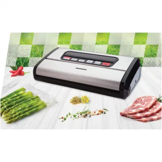 Aparat de vidat si sigilat Heinner HAV-165BKSS, vidare uscata/ umeda, pompa si sigilare dubla, sistem racire banda sigilare, furtun pentru caserole, cutter incorporat, compatibil cu pungi latime 32 cm, capacitate vidare 16 l/ min, 0.85 bar, 165W, inox