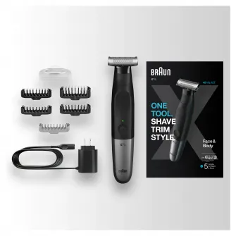 Aparat hibrid de barbierit si tuns barba Braun Series X XT5100 WetDry, 4 piepteni, 1 cap pentru ingrijire corporala, Negru