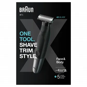 Aparat hibrid de barbierit si tuns barba Braun Series X XT5100 WetDry, 4 piepteni, 1 cap pentru ingrijire corporala, Negru