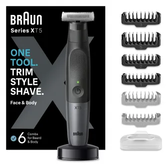 Aparat hibrid de barbierit si tuns barba Braun Series X XT5300 WetDry, Lama 4D, 6 piepteni, 1 capac de protectie, autonomie 45 minute, Husa ,Suport de incarcare, Negru