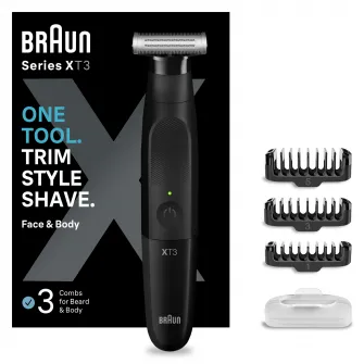 Aparat hibrid de barbierit si tuns pentru barbati Braun Series X XT3100 Wet&Dry, lama 4D, 3 piepteni, 1 capac, husa, Negru