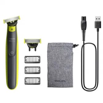Aparat hibrid de barbierit si tuns, pentru fata, PHILIPS OneBlade QP2724/31, 2 lame 360, cu piepteni (1,3,5 mm), autonomie 45 min (NiMH), saculet pentru transport/depozitare, cablu de alimentare USB-A, fara adaptor pentru priza