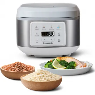 Aparat multifunctional pentru gatit orez si gatit cu abur Panasonic SR-DA152WXE, 4l, tehnologie fyzzy logic, 4 programe automate, oala cu invelis ceramic antiaderent fara PFAS/BPA, timer si mentinere cald 24h, 770W, alb