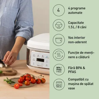 Aparat multifunctional pentru gatit orez si gatit cu abur Panasonic SR-DA152WXE, 4l, tehnologie fyzzy logic, 4 programe automate, oala cu invelis ceramic antiaderent fara PFAS/BPA, timer si mentinere cald 24h, 770W, alb