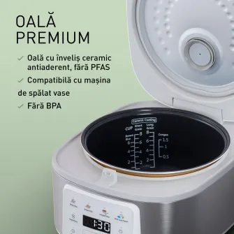 Aparat multifunctional pentru gatit orez si gatit cu abur Panasonic SR-DA152WXE, 4l, tehnologie fyzzy logic, 4 programe automate, oala cu invelis ceramic antiaderent fara PFAS/BPA, timer si mentinere cald 24h, 770W, alb