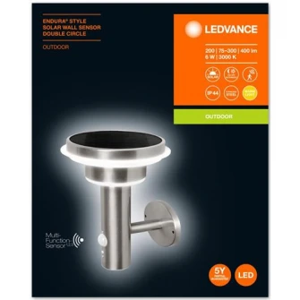 Aplica LED cu panou solar Ledvance Endura Style, cu senzor miscare/lumina, 6W, 400 lm, temperatura lumina 3000K, 3 moduri functionare, IP44, montaj aplicat, Otel, Argintiu